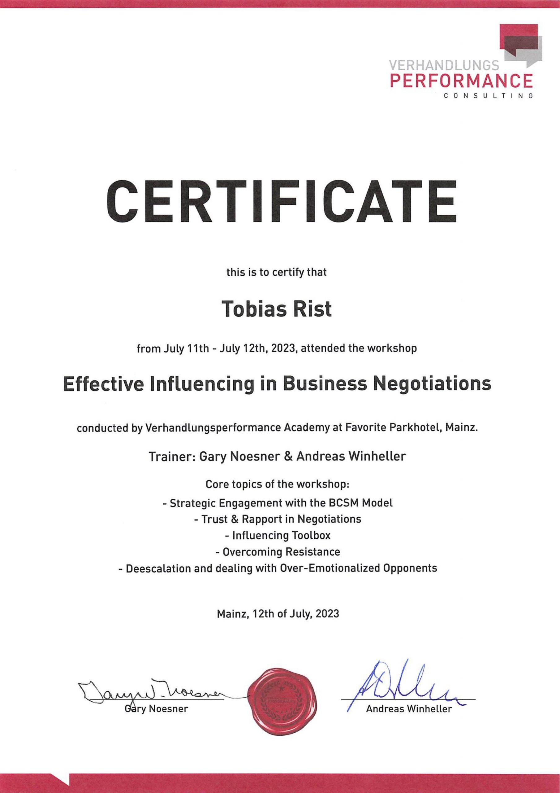 Zertifikat Gary Noesner – Tobias Rist